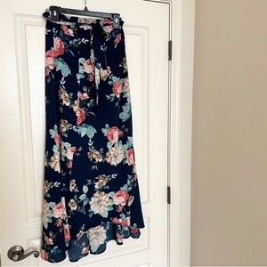 Bobeau Navy Teal Floral Wrap Maxi Skirt